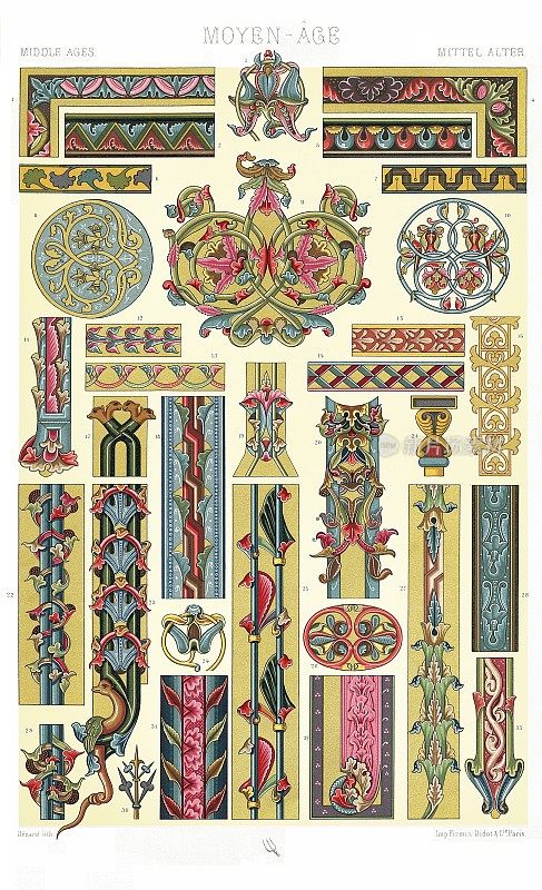 Middle Ages - Paintings from Manuscripts, 8th to  the 12 Centuries – Rinceaux, Uprights, Angles, Borders, etc. (33 patterns), by Color Ornament 1886.